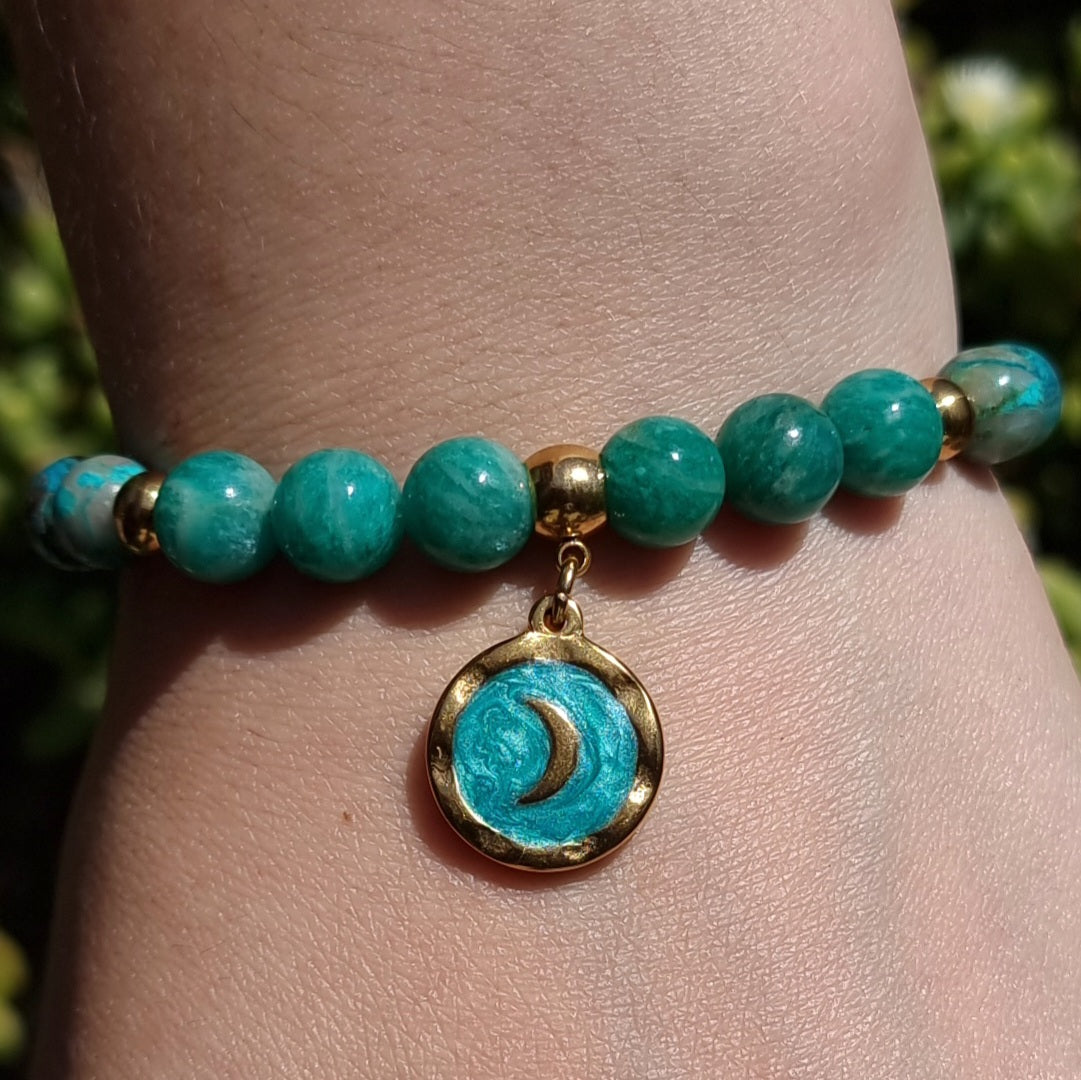 Pulsera Acero Quirúrgico Dorado Piedra Amazonita Rusa, Crisocola y Fluorita