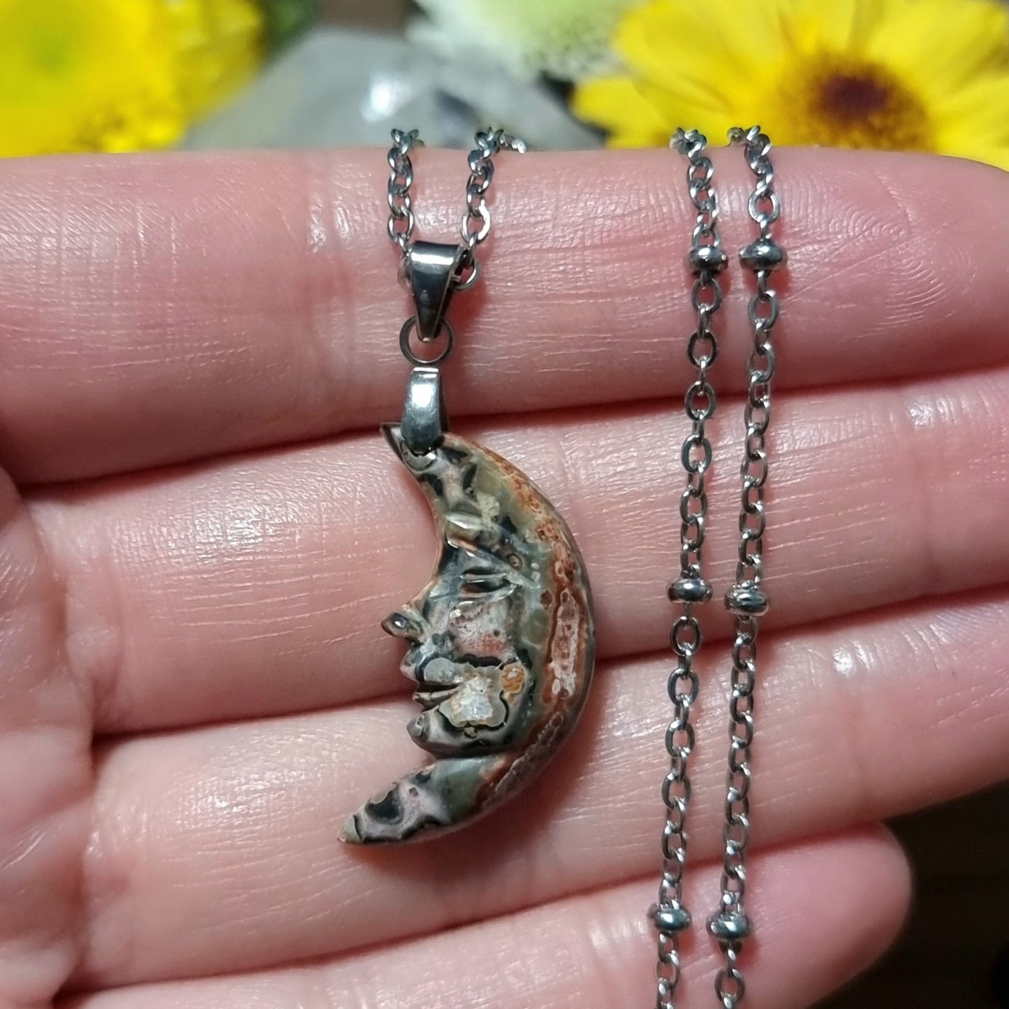 Collar Acero Quirúrgico Media Luna Piedra Leopardita #1