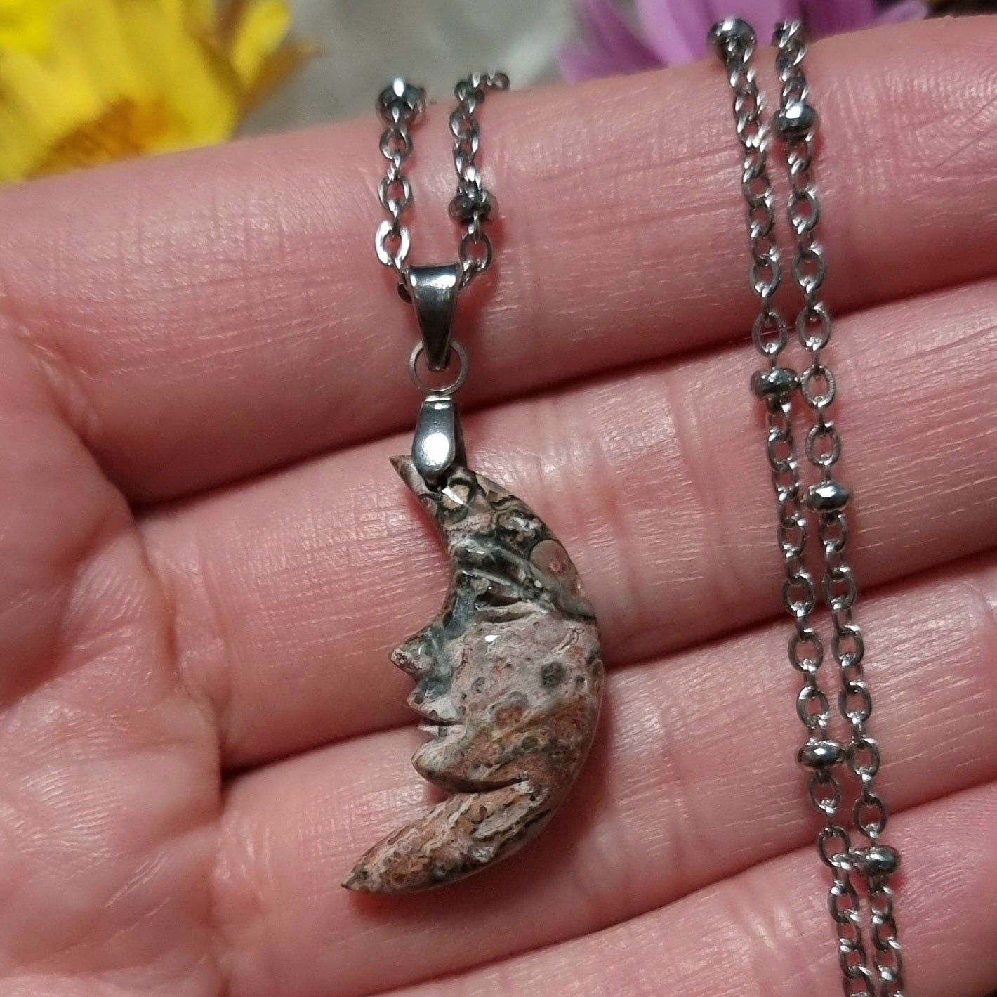 Collar Acero Quirúrgico Media Luna Piedra Leopardita #2