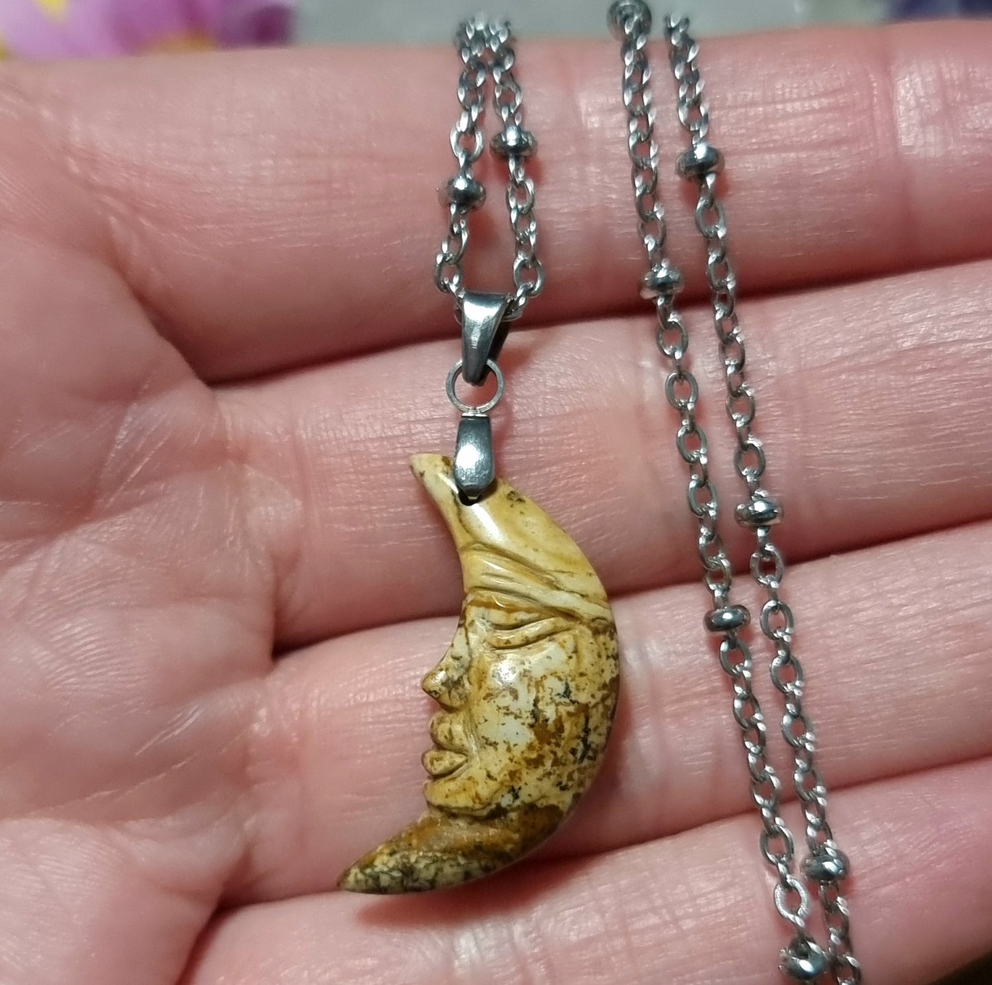 Collar Acero Quirúrgico Media Luna Piedra Jaspe Paisina #3