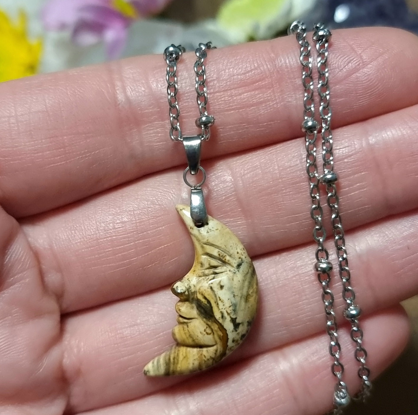 Collar Acero Quirúrgico Media Luna Piedra Jaspe Paisina #1