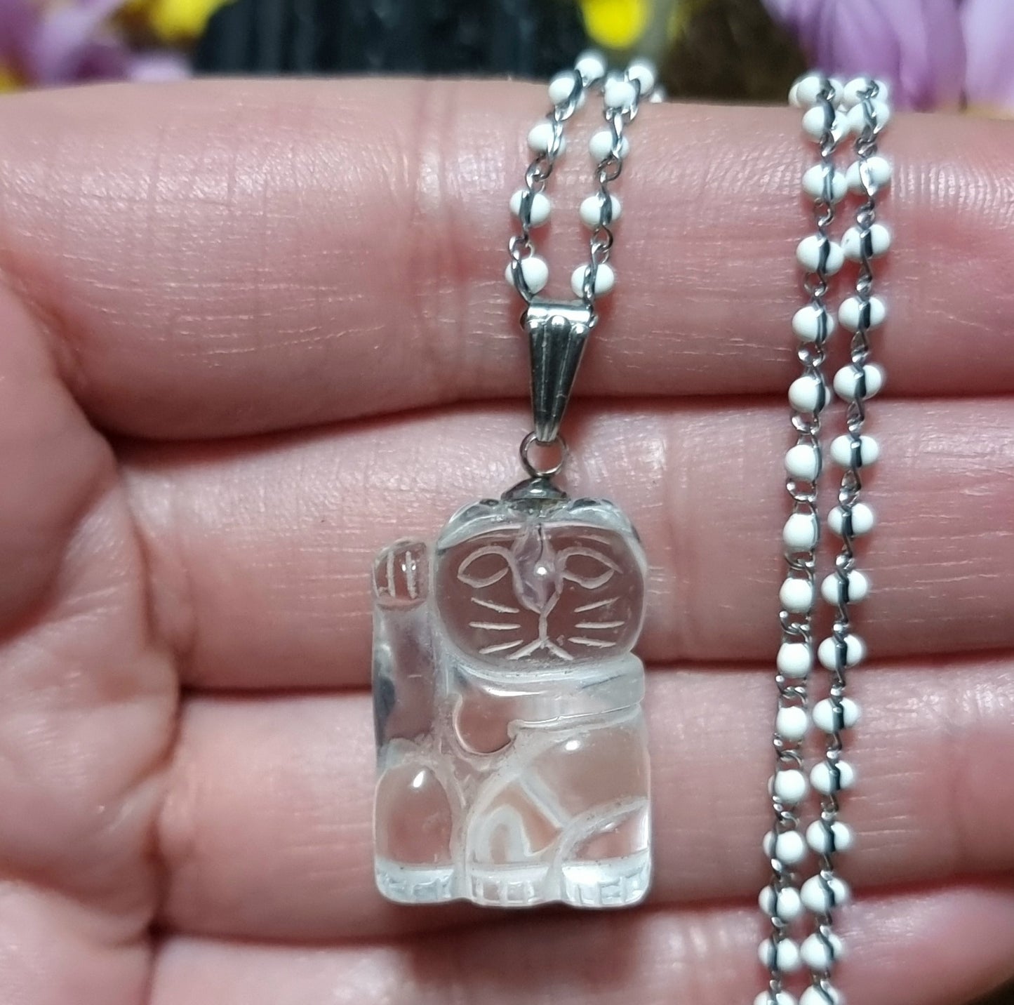 Collar Acero Quirúrgico Gato de la Suerte de Cuarzo Cristal #1