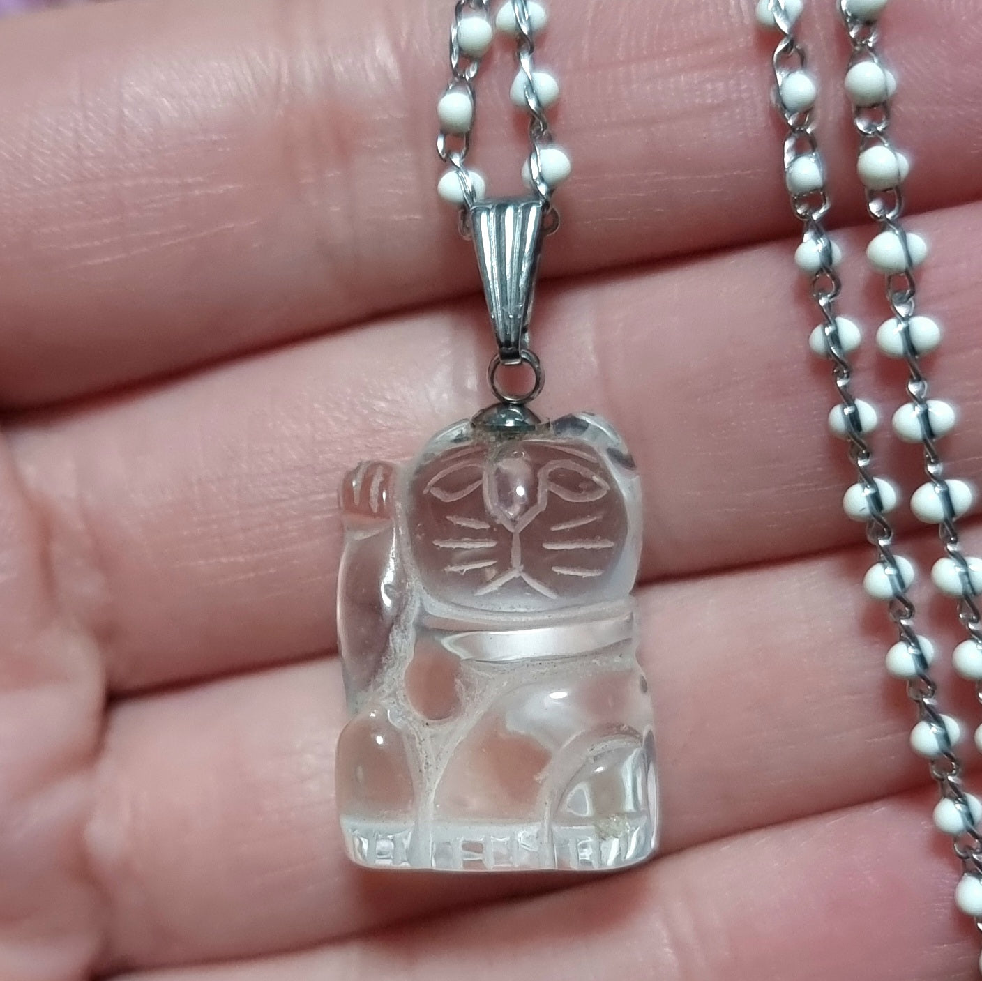 Collar Acero Quirúrgico Gato de la Suerte de Cuarzo Cristal #2