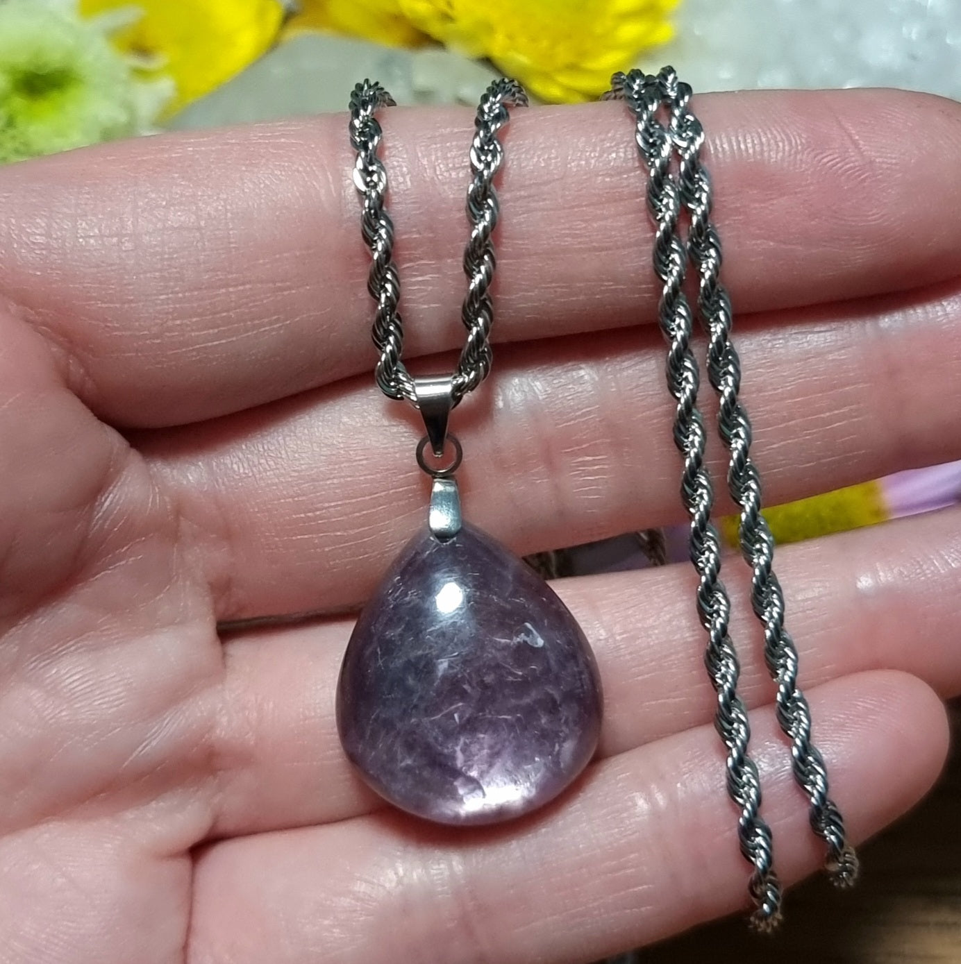 Collar Acero Quirúrgico Piedra Lepidolita Alta Calidad #2