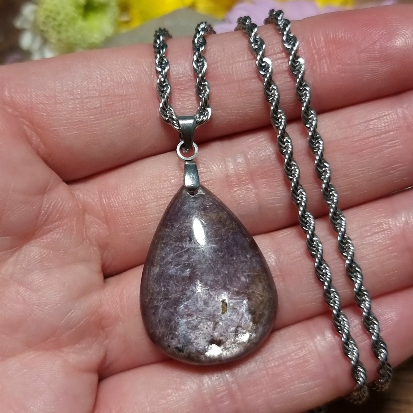 Collar Acero Quirúrgico Piedra Lepidolita Alta Calidad #1