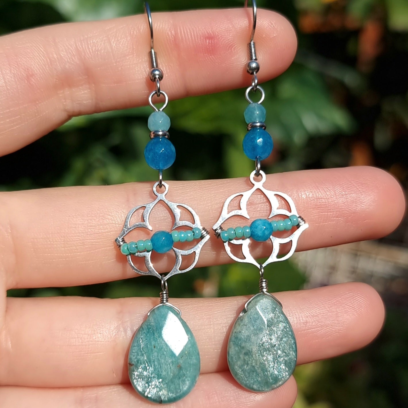 Aros Acero Quirúrgico Piedra Amazonita y Ágatas