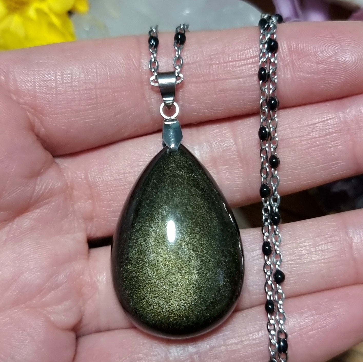 Collar Acero Quirúrgico Piedra Obsidiana Dorada XL Full Flash Alta Calidad #1
