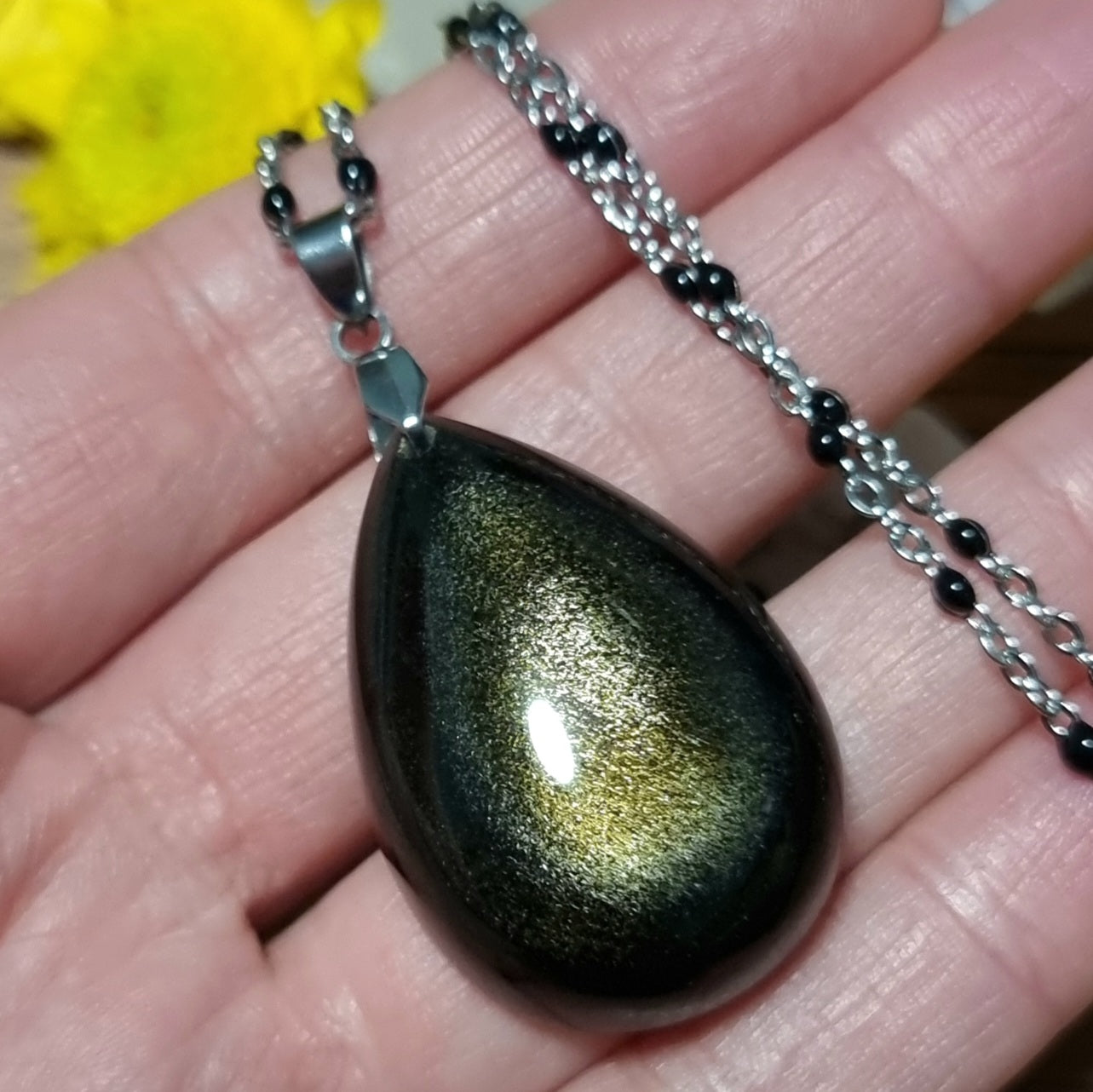 Collar Acero Quirúrgico Piedra Obsidiana Dorada XL Full Flash Alta Calidad #2