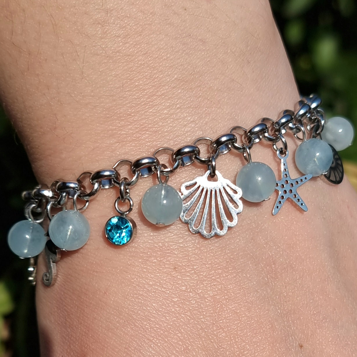 Pulsera Universo Marino Acero Quirúrgico Piedra Aguamarina