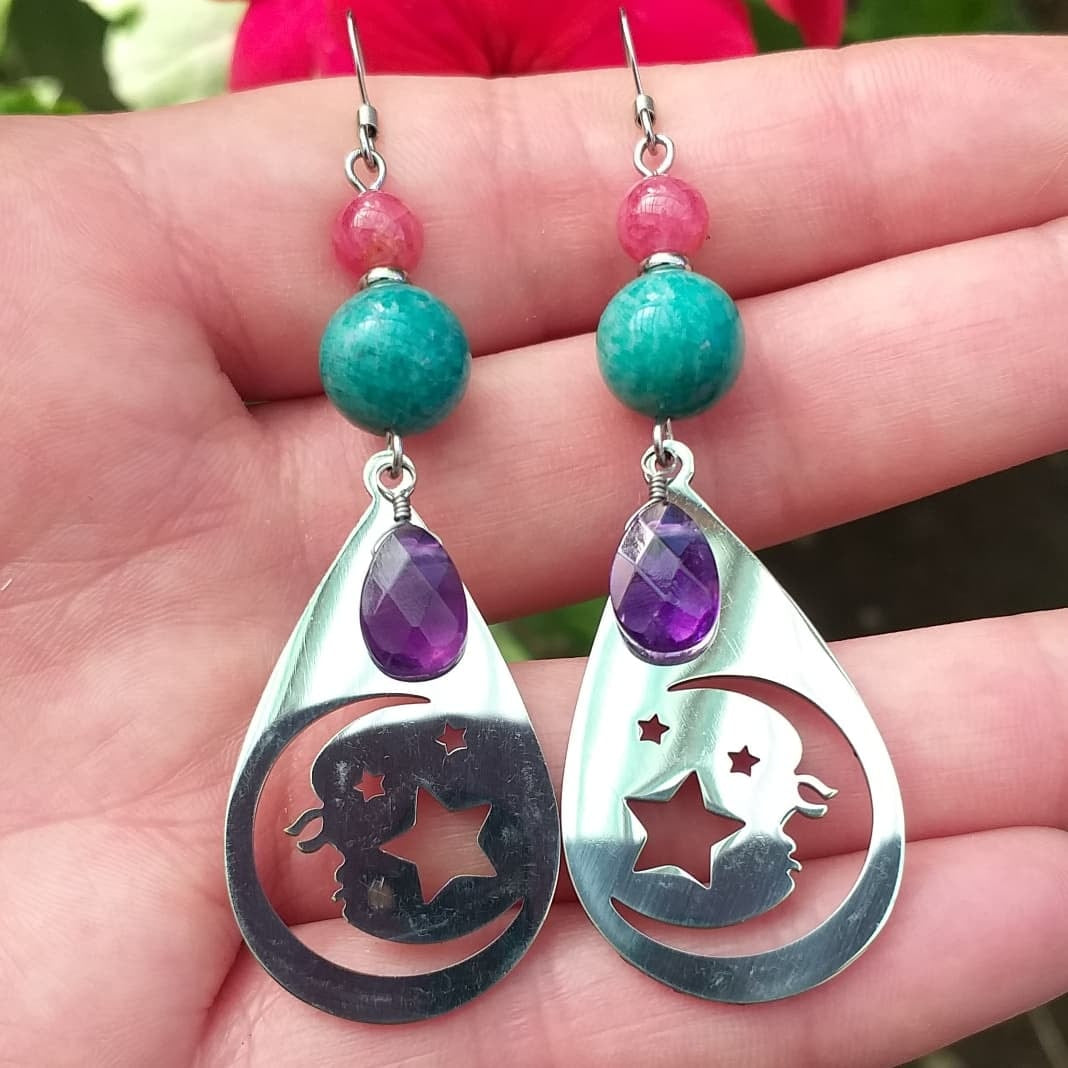 Aros Acero Quirúrgico Piedra Amatista, Amazonita de Perú y Rodonita de Brasil