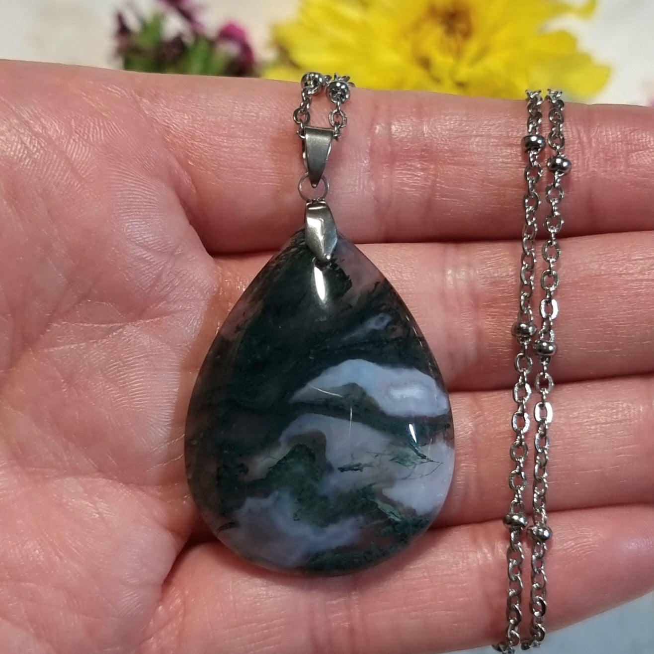 Collar Acero Quirúrgico Piedra Ágata Musgo XL #1