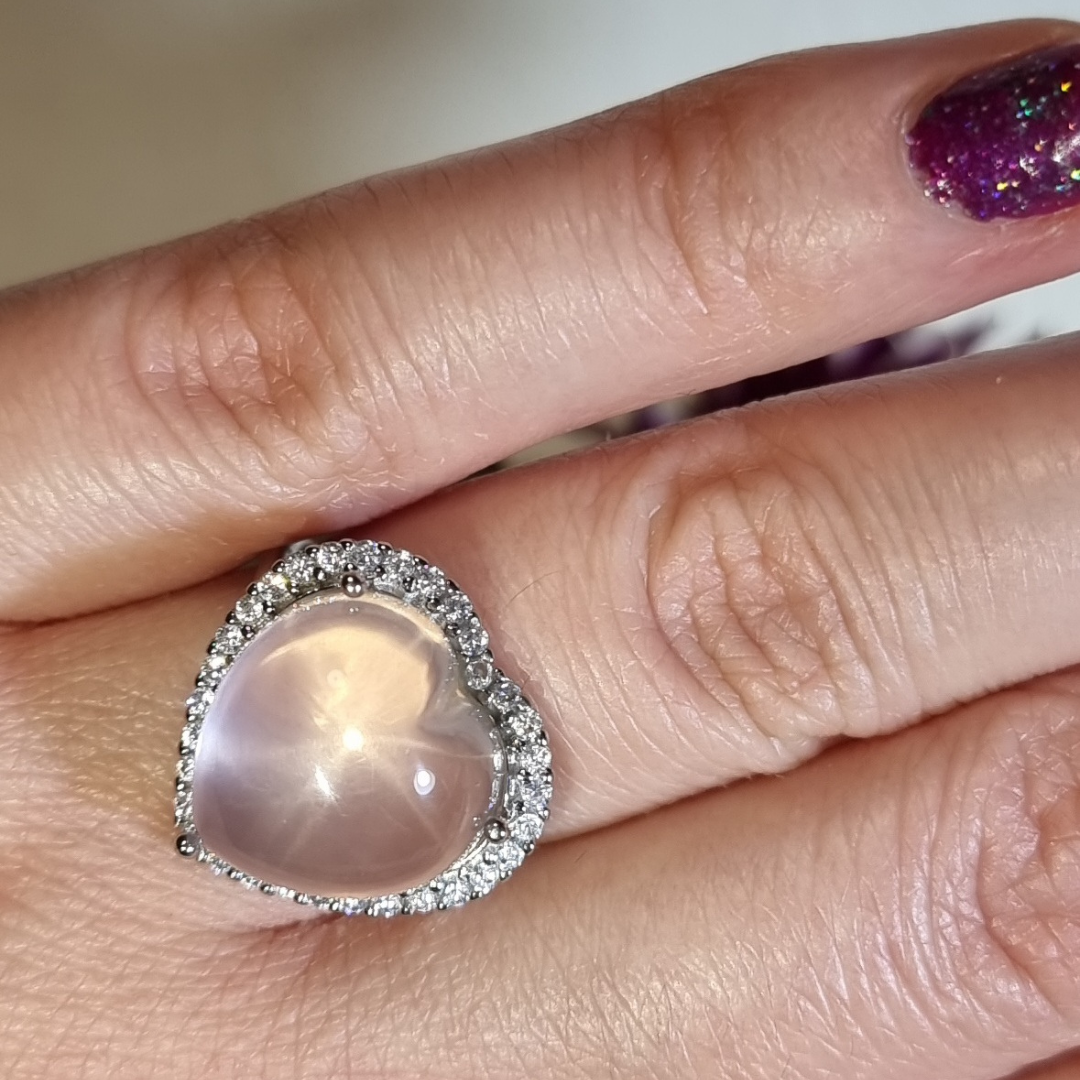 Anillo Plata 925 Corazón de Piedra Cuarzo Rosa Estrella (Asterismo)