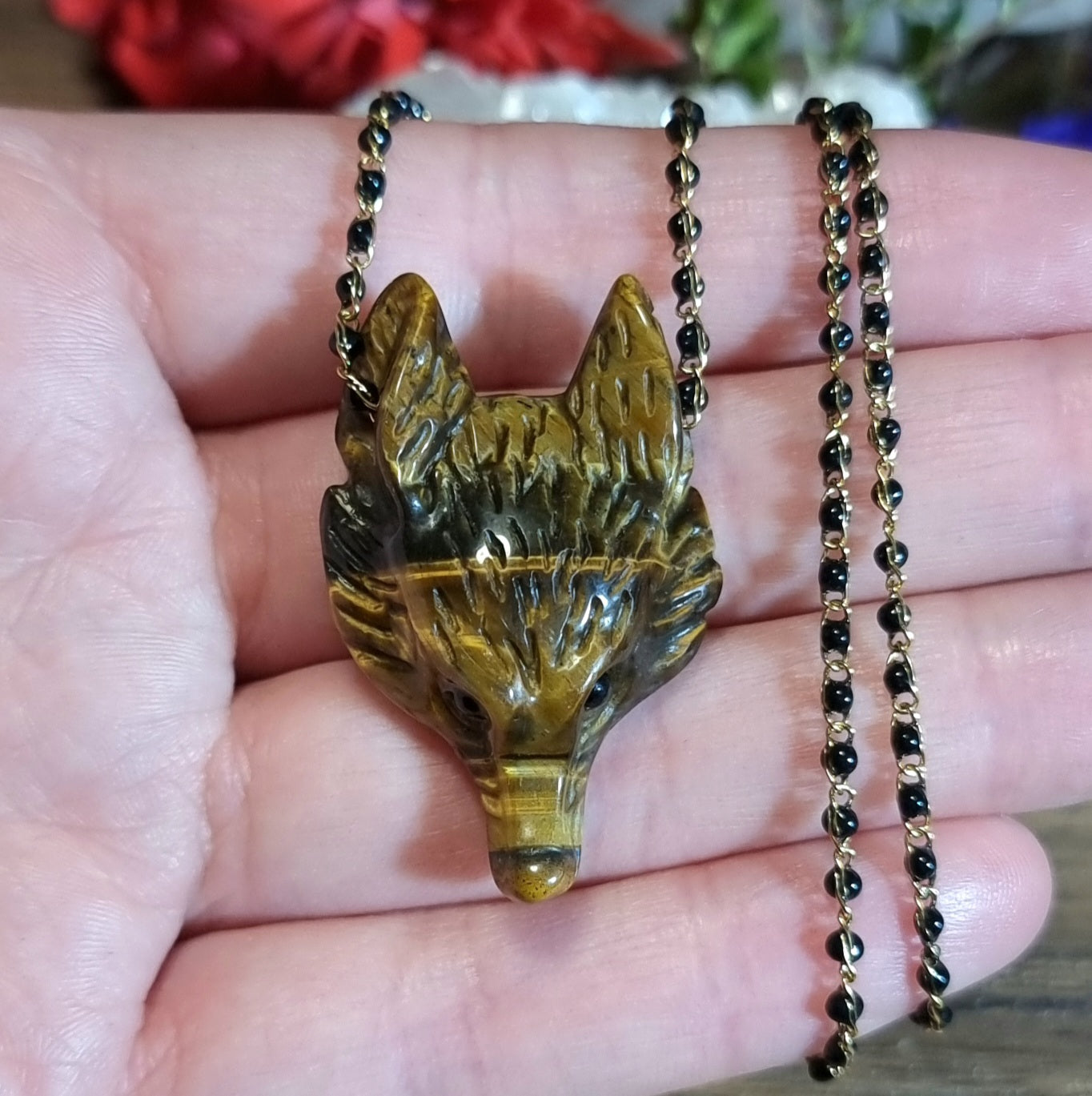 Collar Acero Quirúrgico Lobo Piedra Ojo de Tigre #2