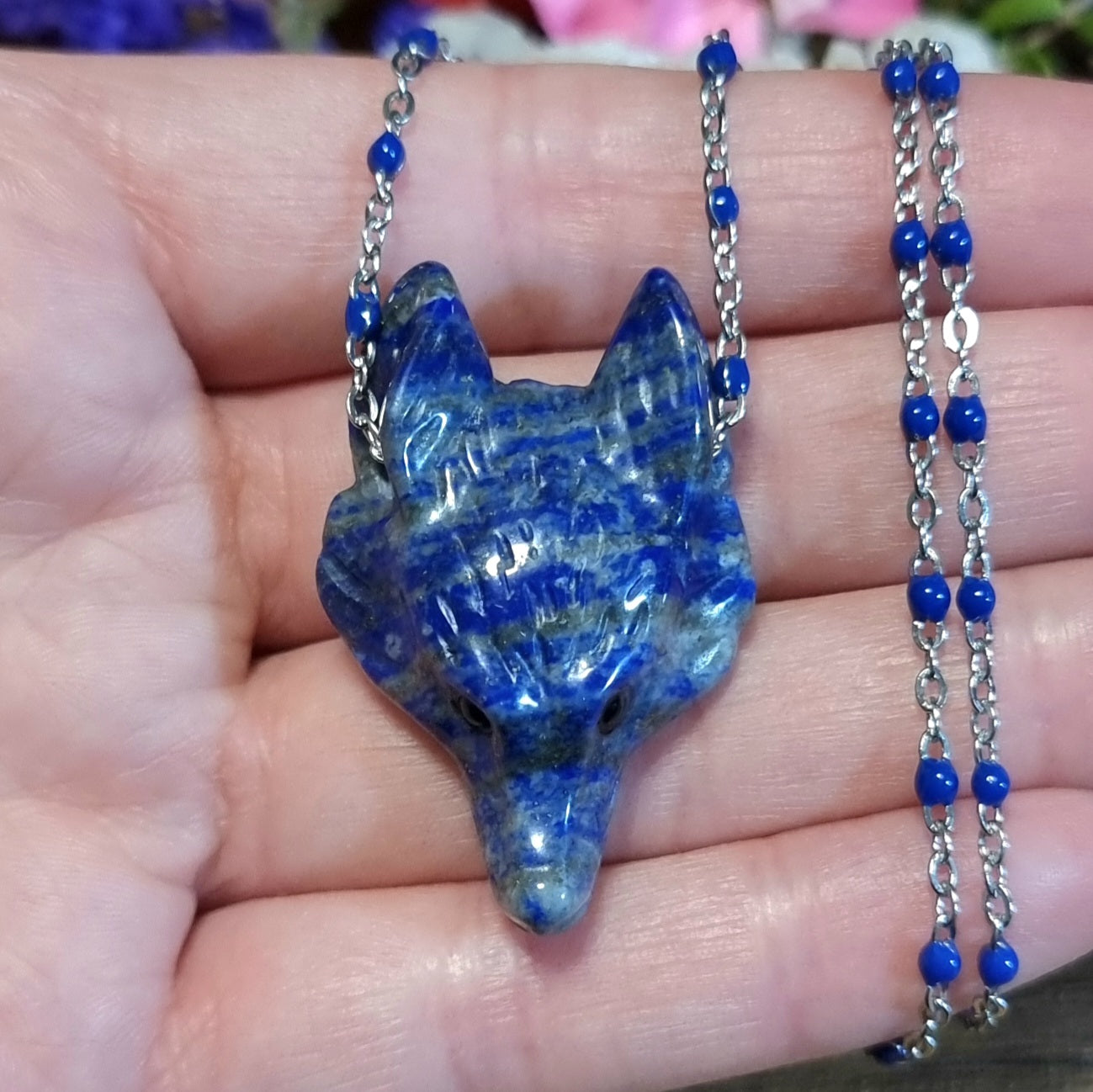 Collar Acero Quirúrgico Lobo Piedra Lapislázuli #1