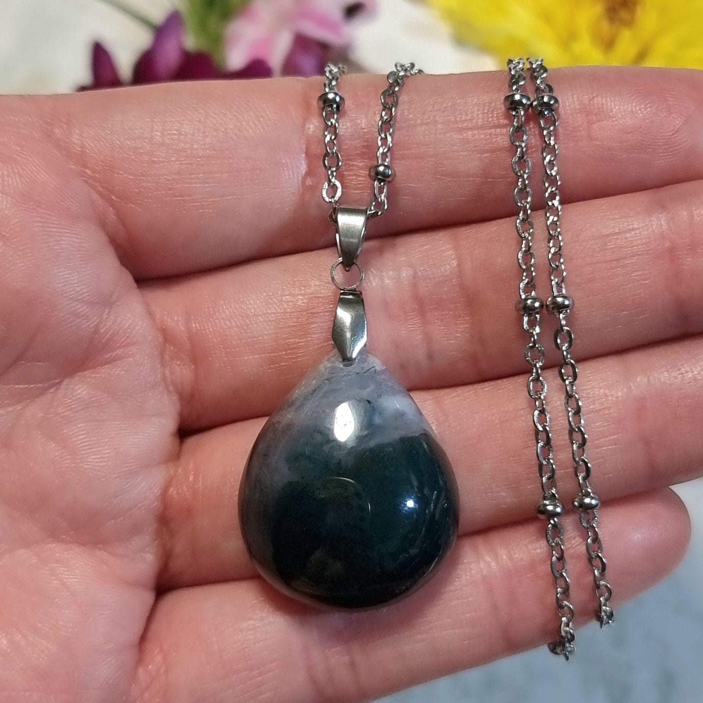 Collar Acero Quirúrgico Piedra Ágata Musgo #1