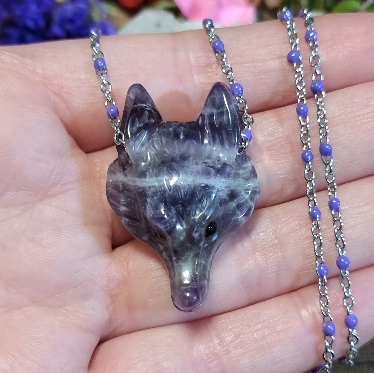 Collar Acero Quirúrgico Lobo Piedra Amatista #2