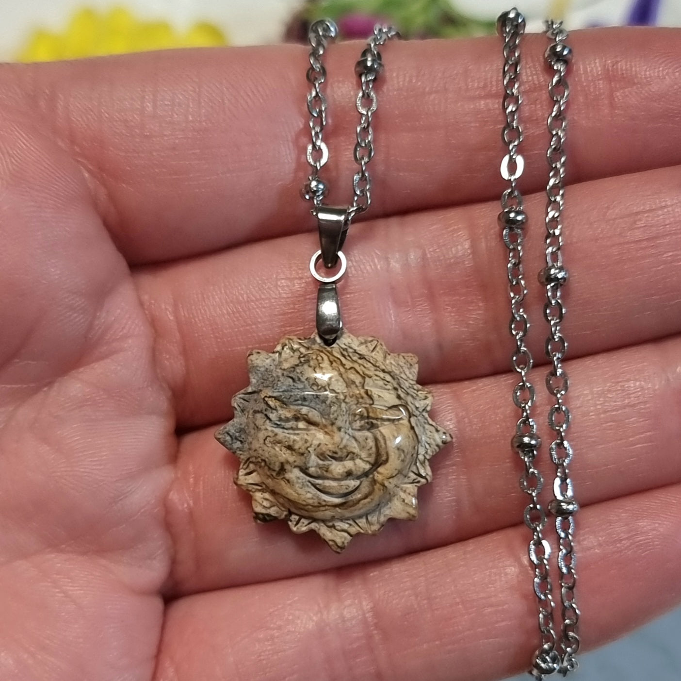 Collar Acero Quirúrgico Sol Piedra Jaspe Paisina #1