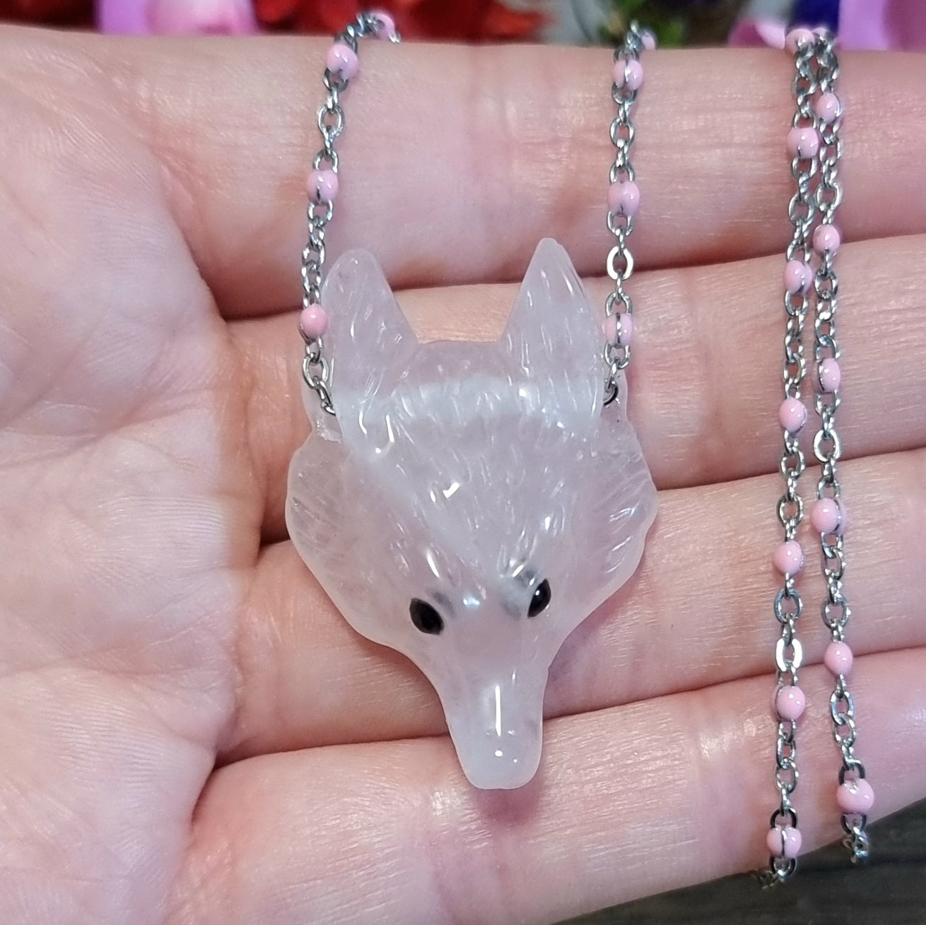 Collar Acero Quirúrgico Lobo Piedra Cuarzo Rosa #3