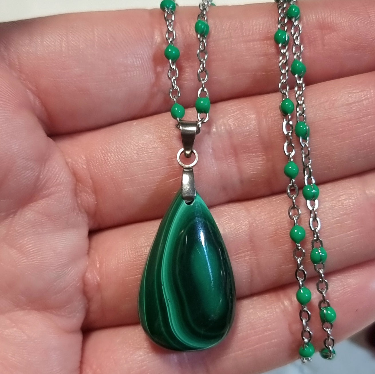 Collar Acero Quirúrgico Piedra Malaquita Alta Calidad #2