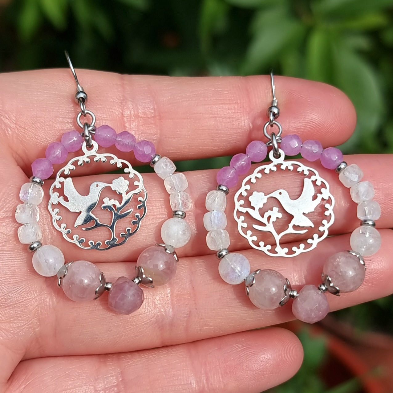 Aros Picaflor Acero Quirúrgico Piedra Luna, Cuarzo Rosa y Ágatas