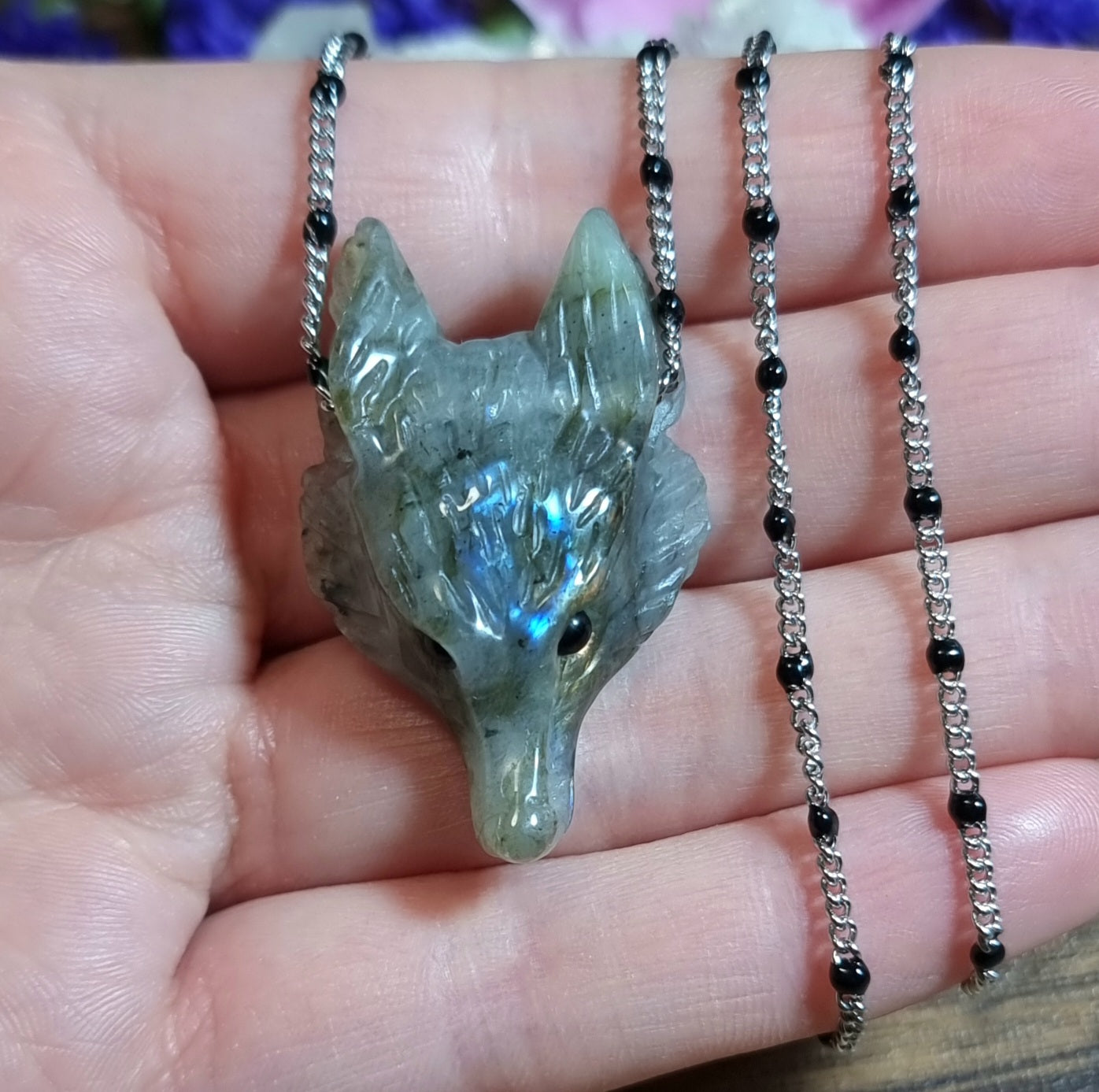 Collar Acero Quirúrgico Lobo Piedra Labradorita #1