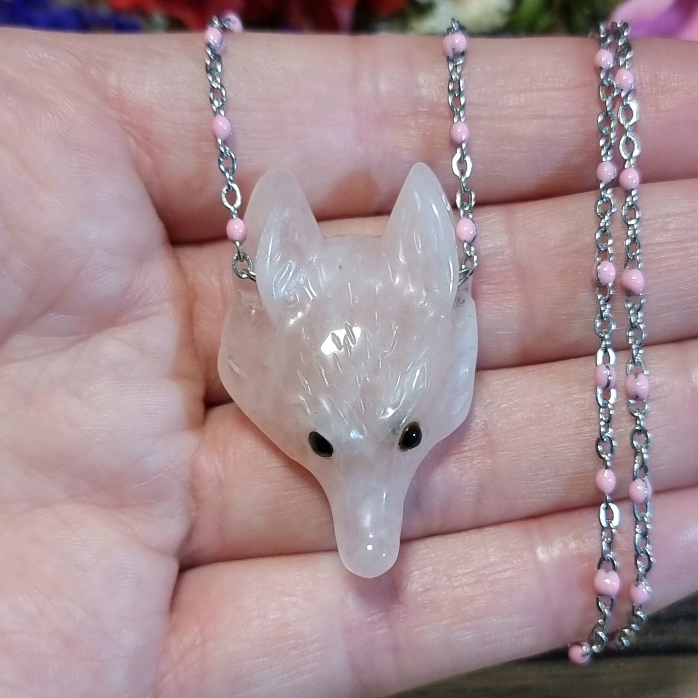 Collar Acero Quirúrgico Lobo Piedra Cuarzo Rosa #2