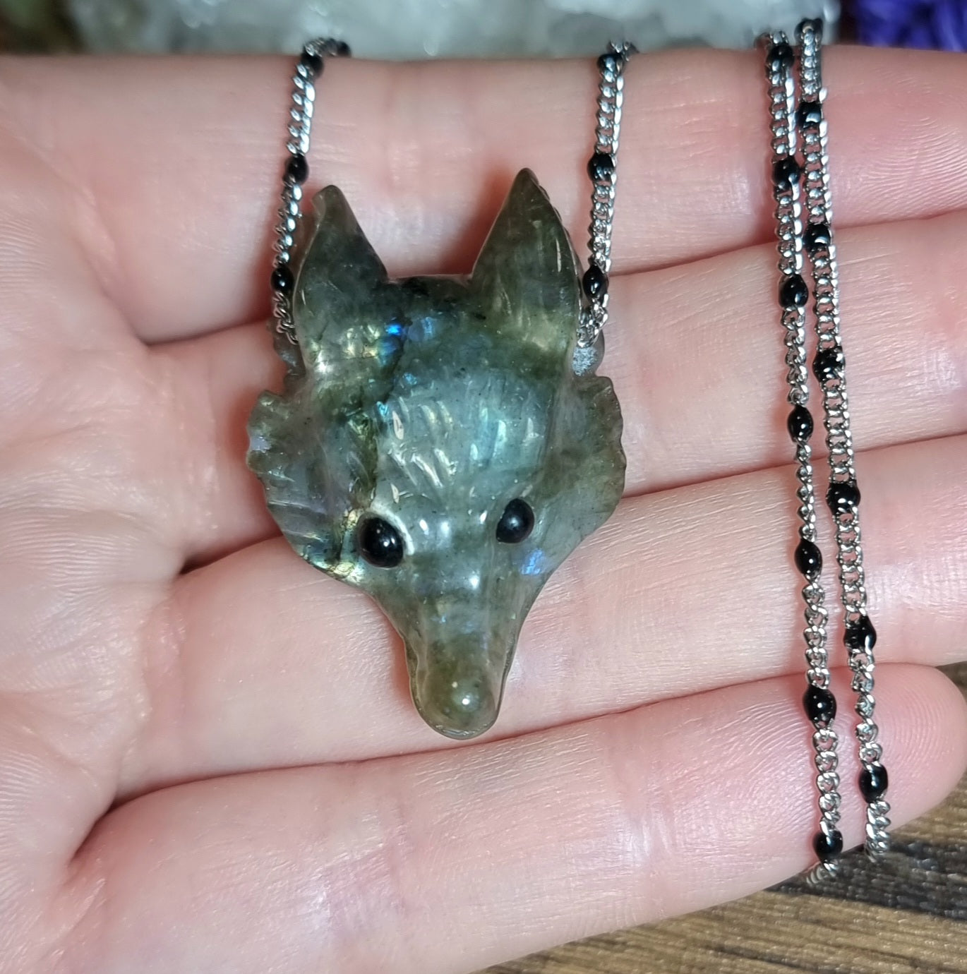 Collar Acero Quirúrgico Lobo Piedra Labradorita #2