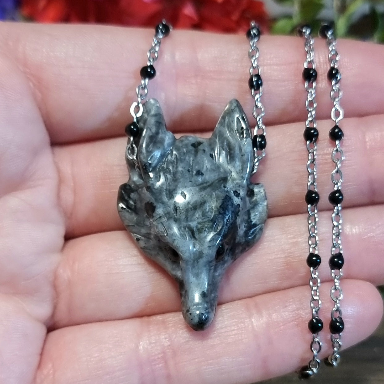 Collar Acero Quirúrgico Lobo Piedra Larvikita #2