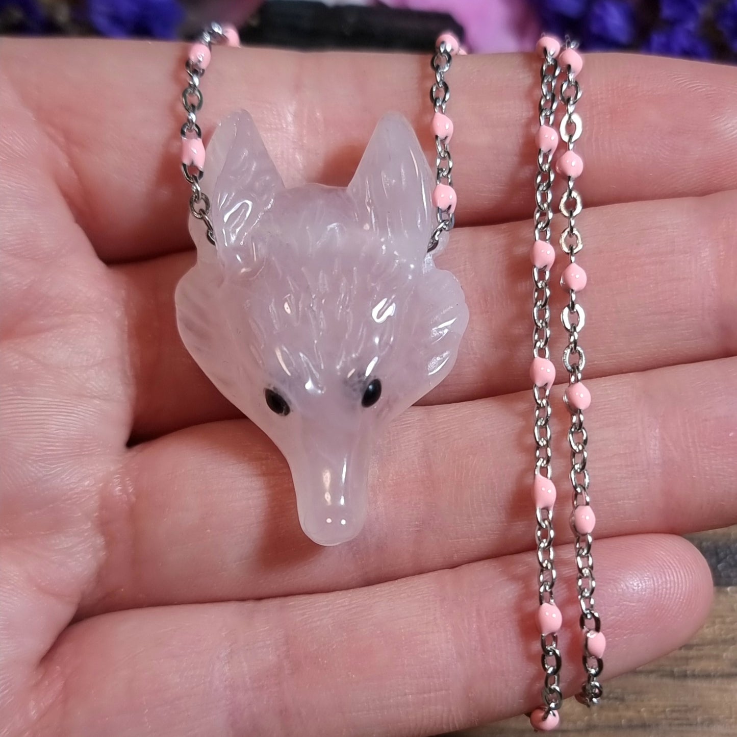 Collar Acero Quirúrgico Lobo Piedra Cuarzo Rosa #1