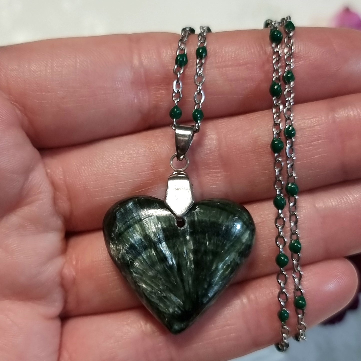 Collar Acero Quirúrgico Corazón de Piedra Serafinita Alta Calidad #1
