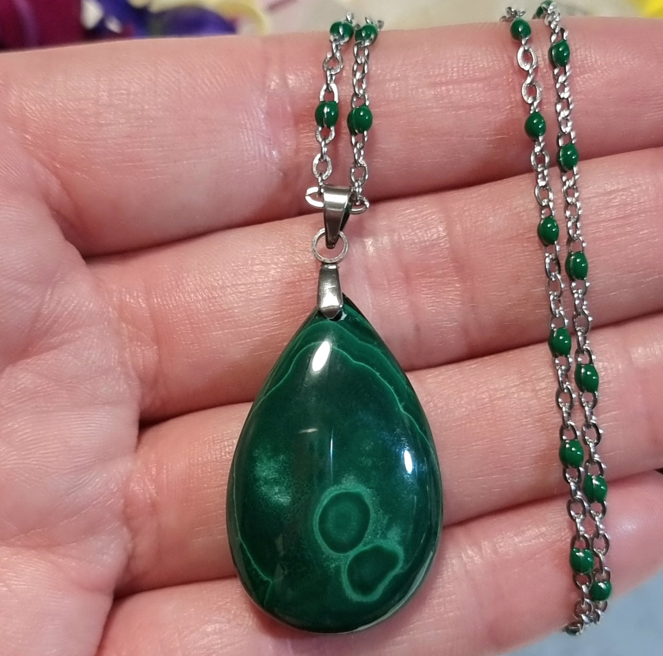 Collar Acero Quirúrgico Piedra Malaquita Alta Calidad #1