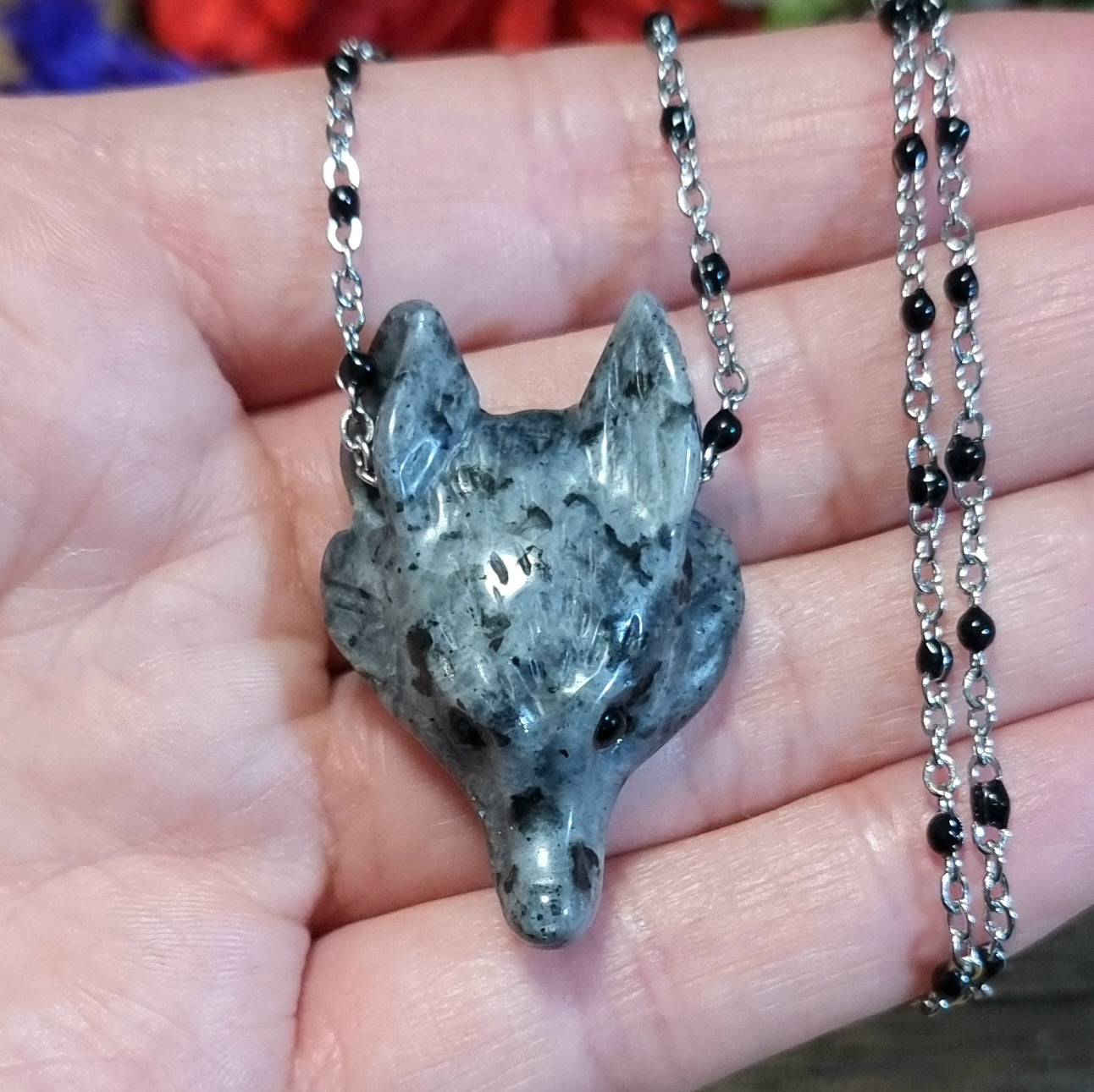 Collar Acero Quirúrgico Lobo Piedra Larvikita #3