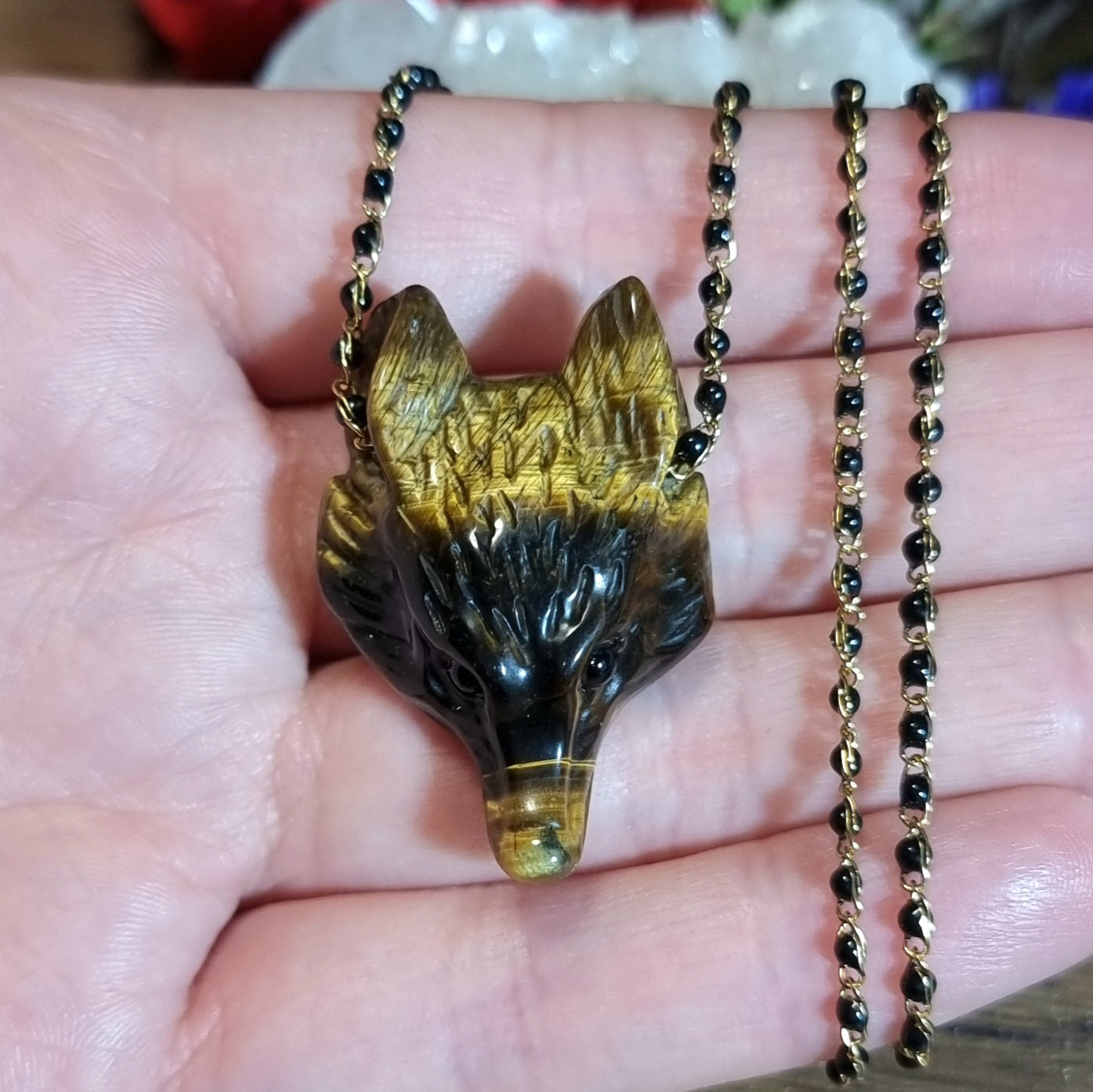 Collar Acero Quirúrgico Lobo Piedra Ojo de Tigre #4