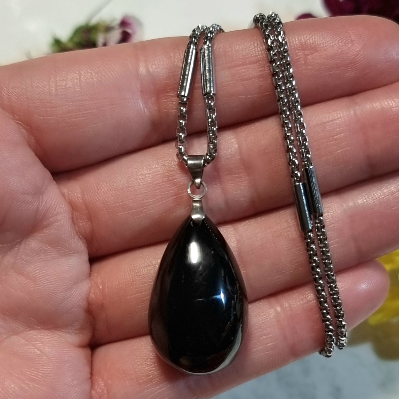 Collar Acero Quirúrgico Piedra Turmalina Negra Pulida Alta Calidad #1