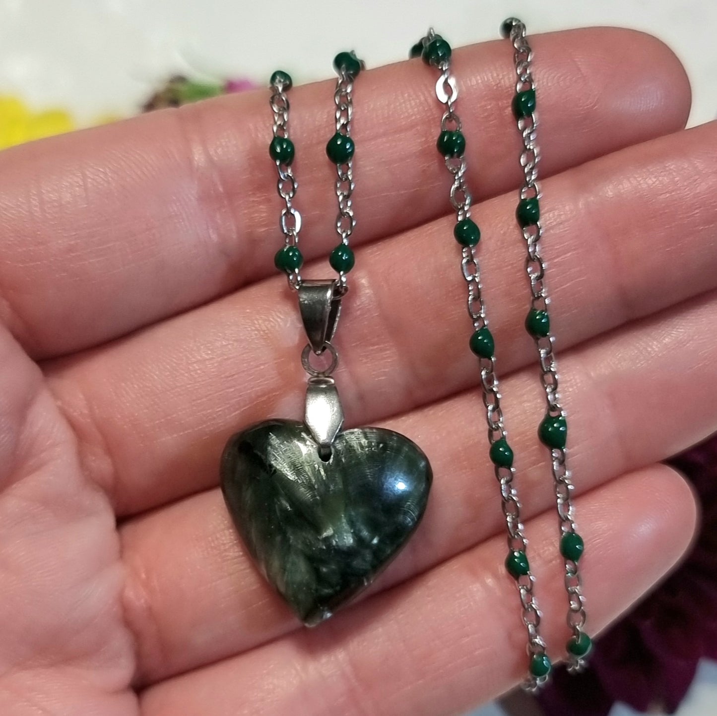 Collar Acero Quirúrgico Corazón de Piedra Serafinita Alta Calidad #3