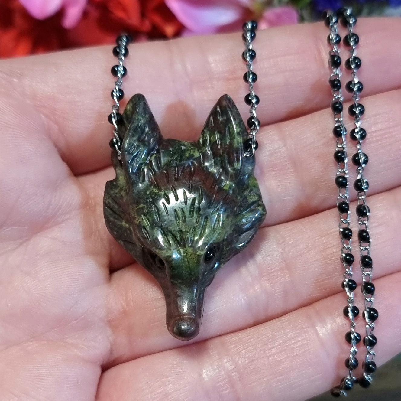 Collar Acero Quirúrgico Lobo Piedra Jaspe Sangre de Dragón #1