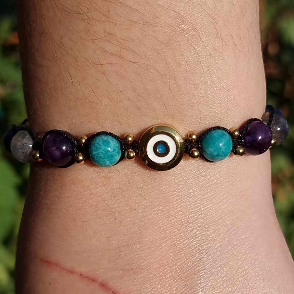 Pulsera Shamballa Acero Quirúrgico Dorado Ojo Turco Piedra Amazonita, Amatista, Labradorita, Cianita, Citrino y Fluorita