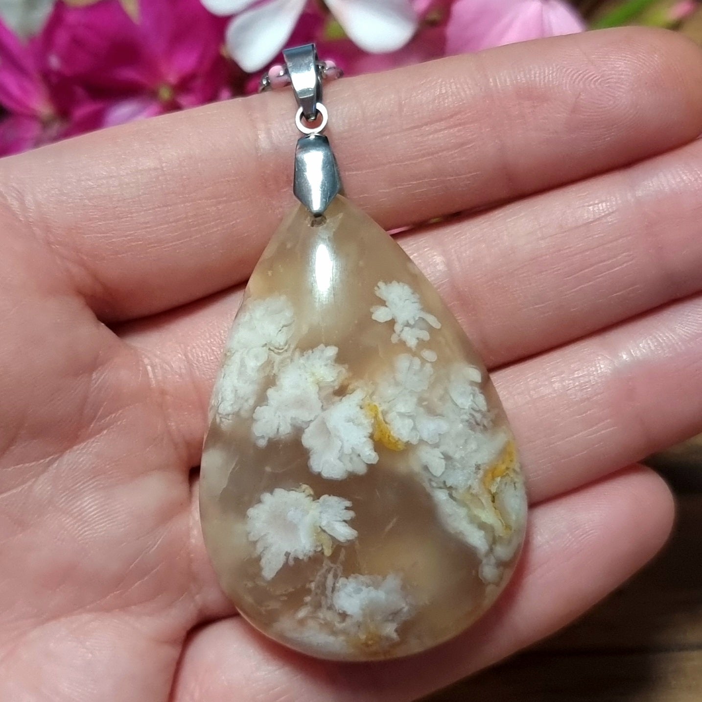 Collar Acero Quirúrgico Piedra Ágata Flor de Cerezo XXL #2