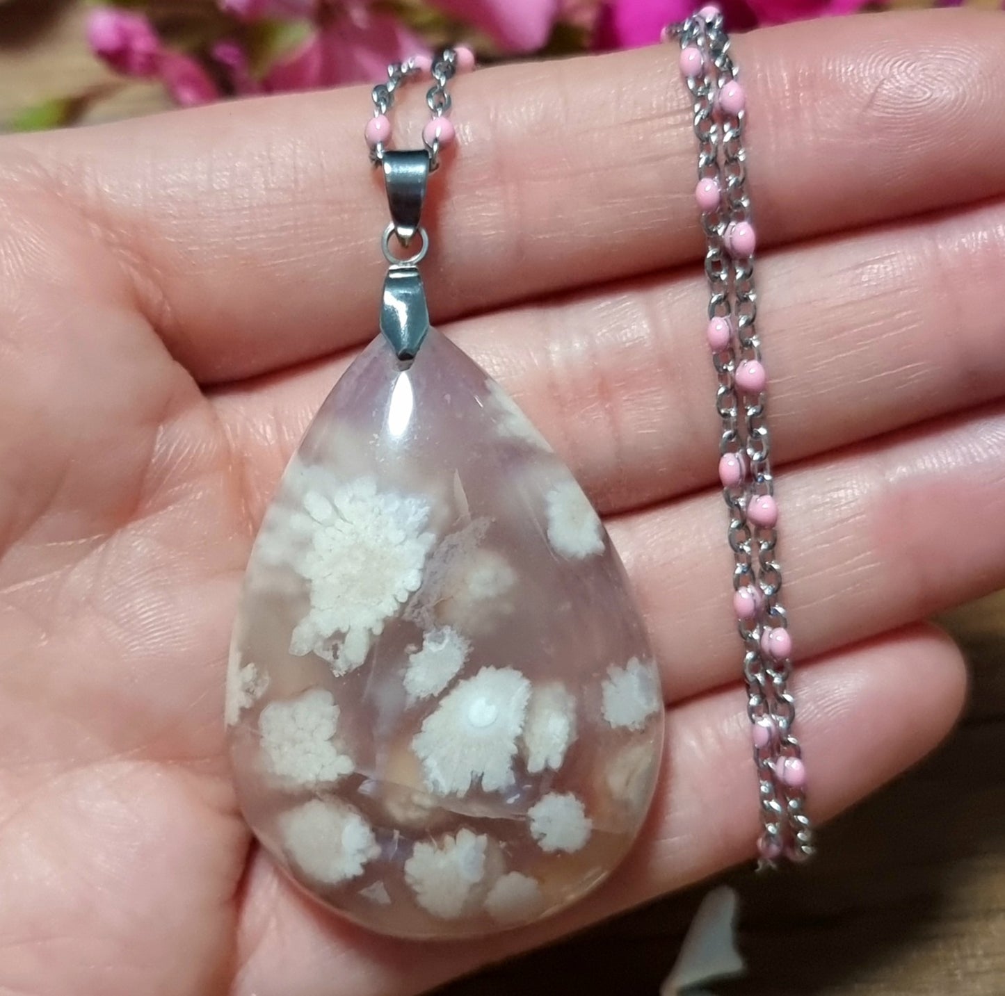 Collar Acero Quirúrgico Piedra Ágata Flor de Cerezo XXL #3