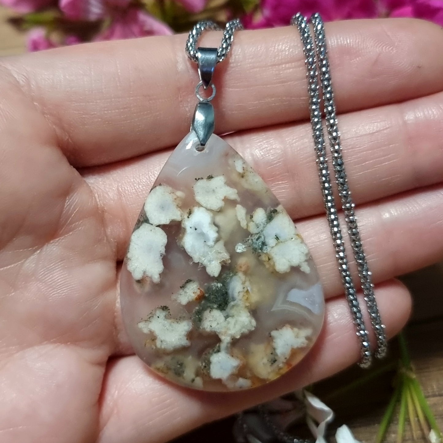 Collar Acero Quirúrgico Piedra Ágata Flor de Cerezo XL #4