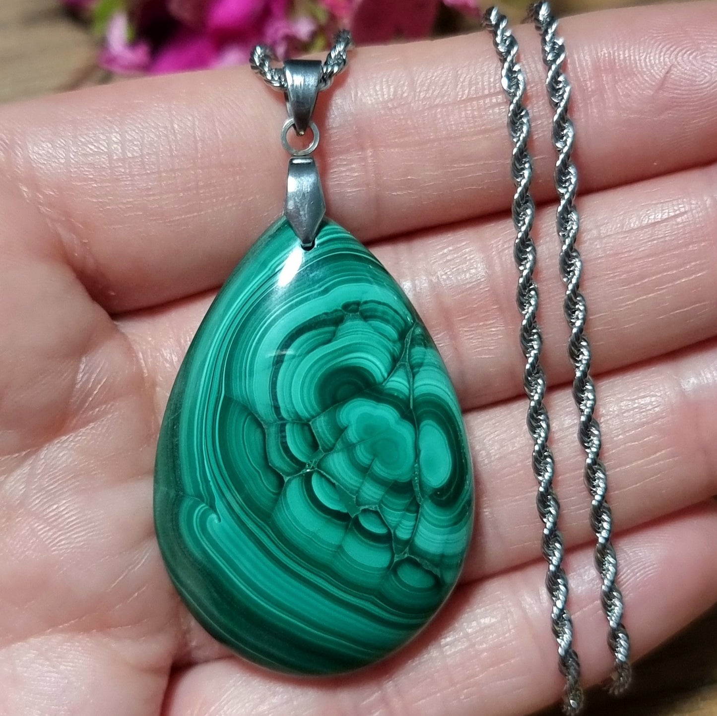 Collar Acero Quirúrgico Piedra Malaquita XL Alta Calidad #3