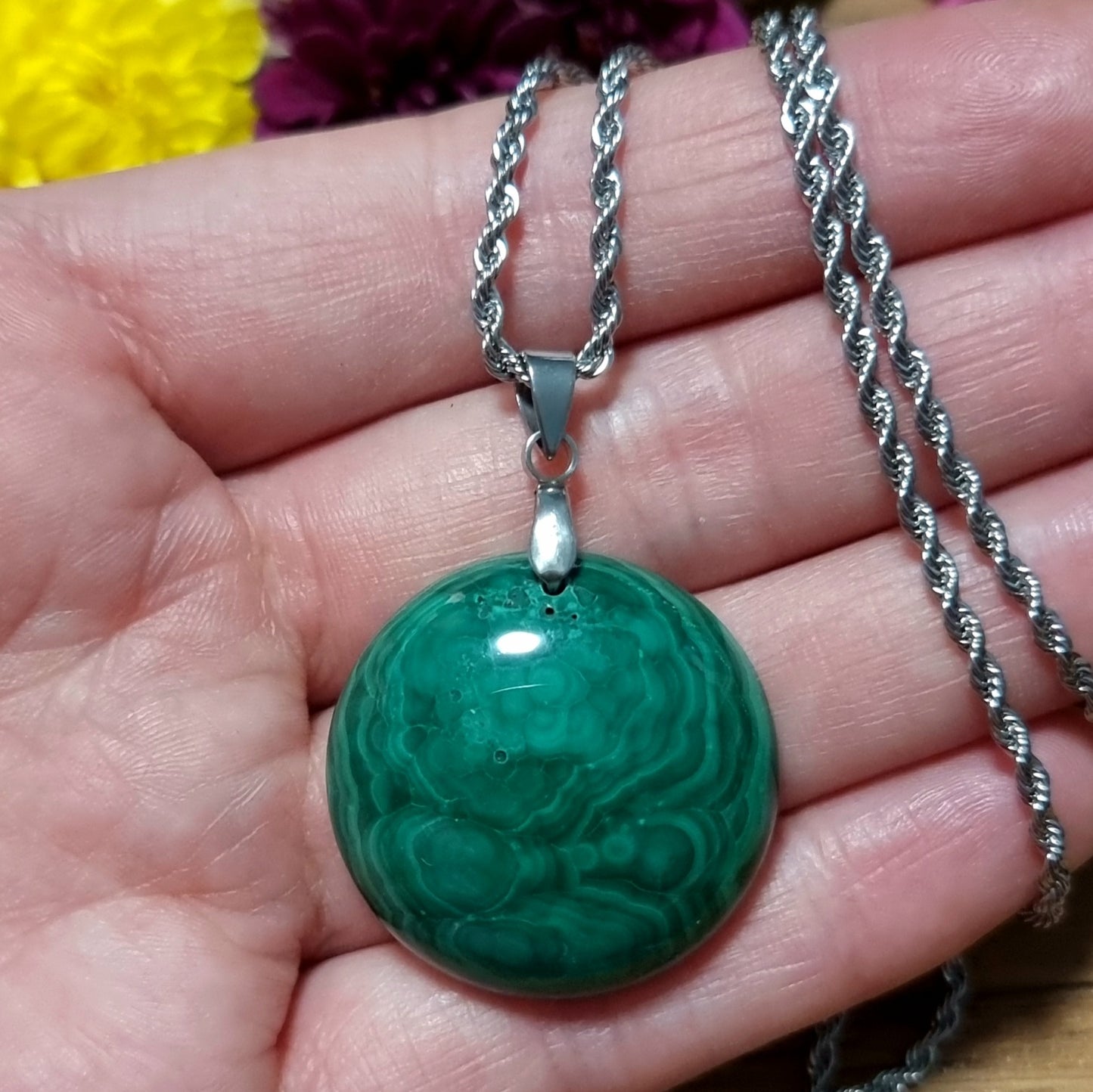 Collar Acero Quirúrgico Piedra Malaquita Alta Calidad #3