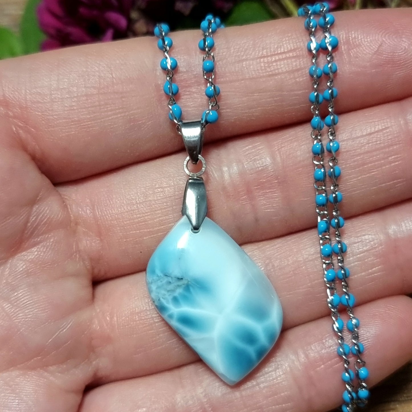 Collar Acero Quirúrgico Piedra Larimar Alta Calidad #3