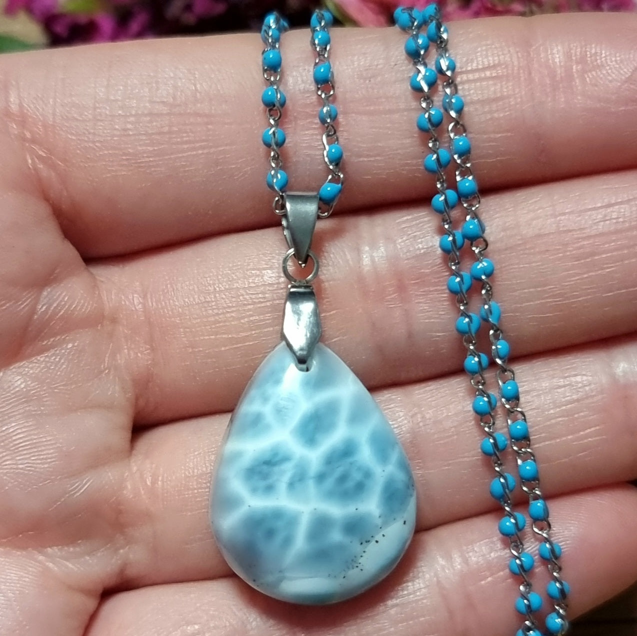 Collar Acero Quirúrgico Piedra Larimar Alta Calidad #1