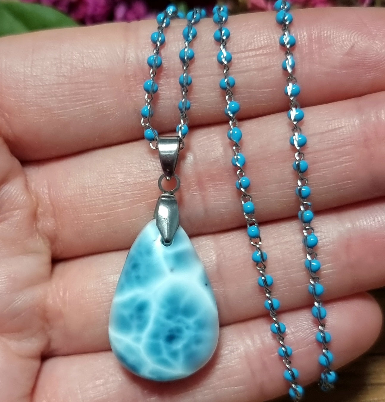 Collar Acero Quirúrgico Piedra Larimar Alta Calidad #4