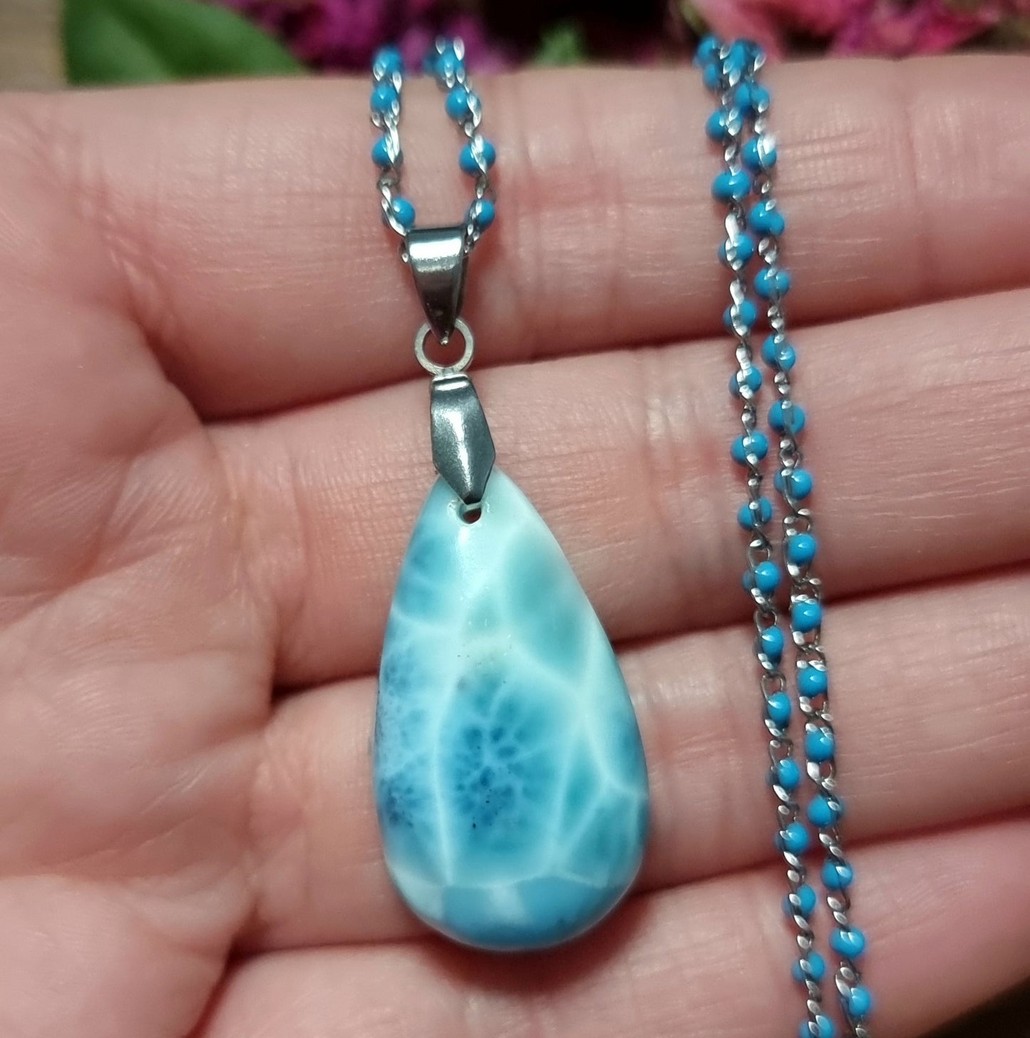 Collar Acero Quirúrgico Piedra Larimar Alta Calidad #2