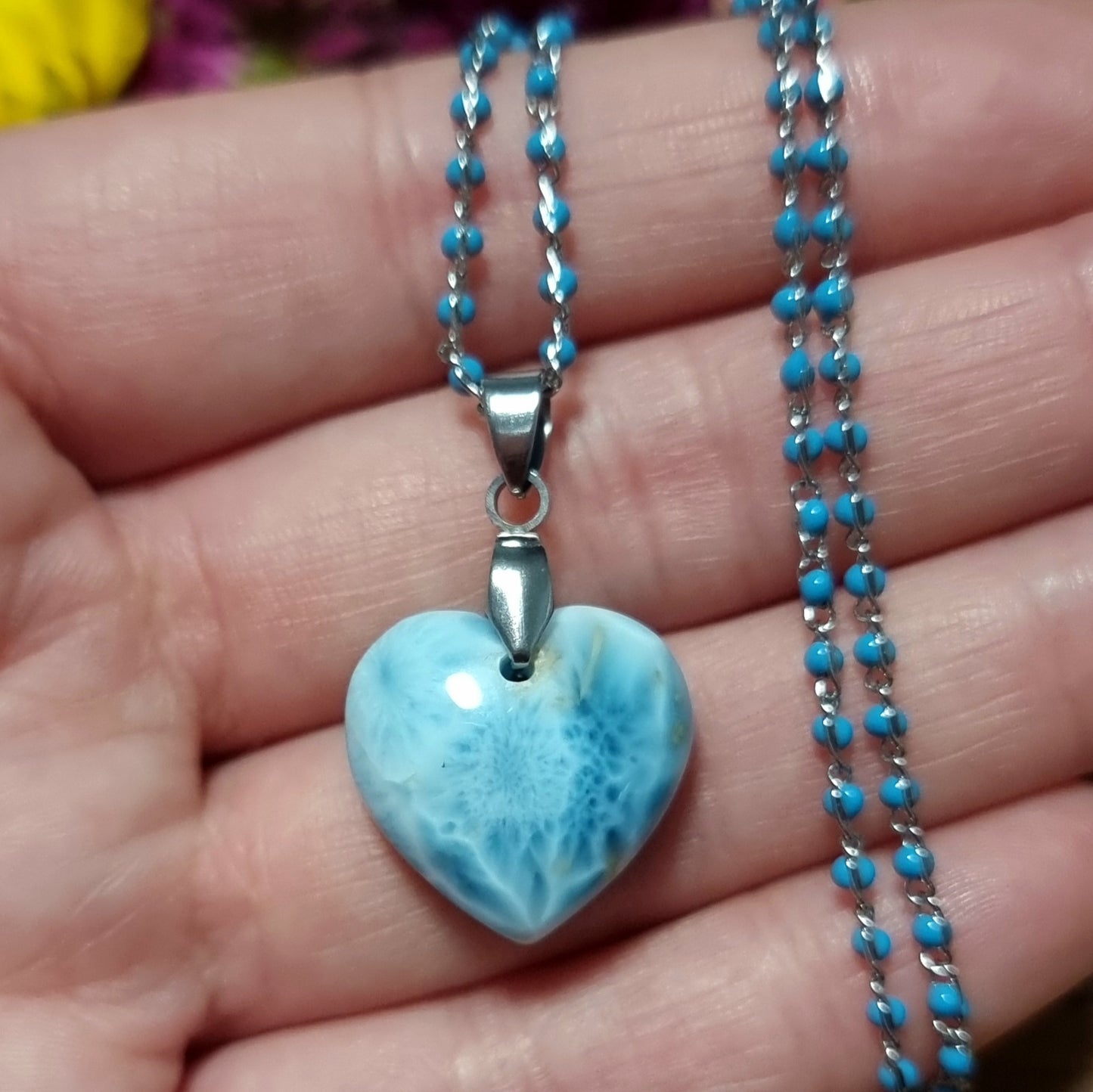 Collar Acero Quirúrgico Corazón de Piedra Larimar Alta Calidad