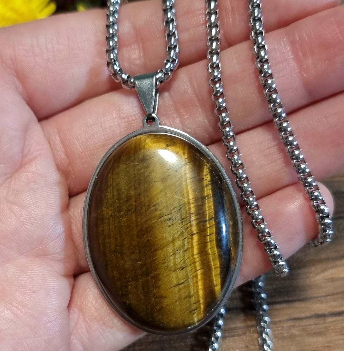 Collar Acero Quirúrgico Ovalado Piedra Ojo de Tigre XL #3