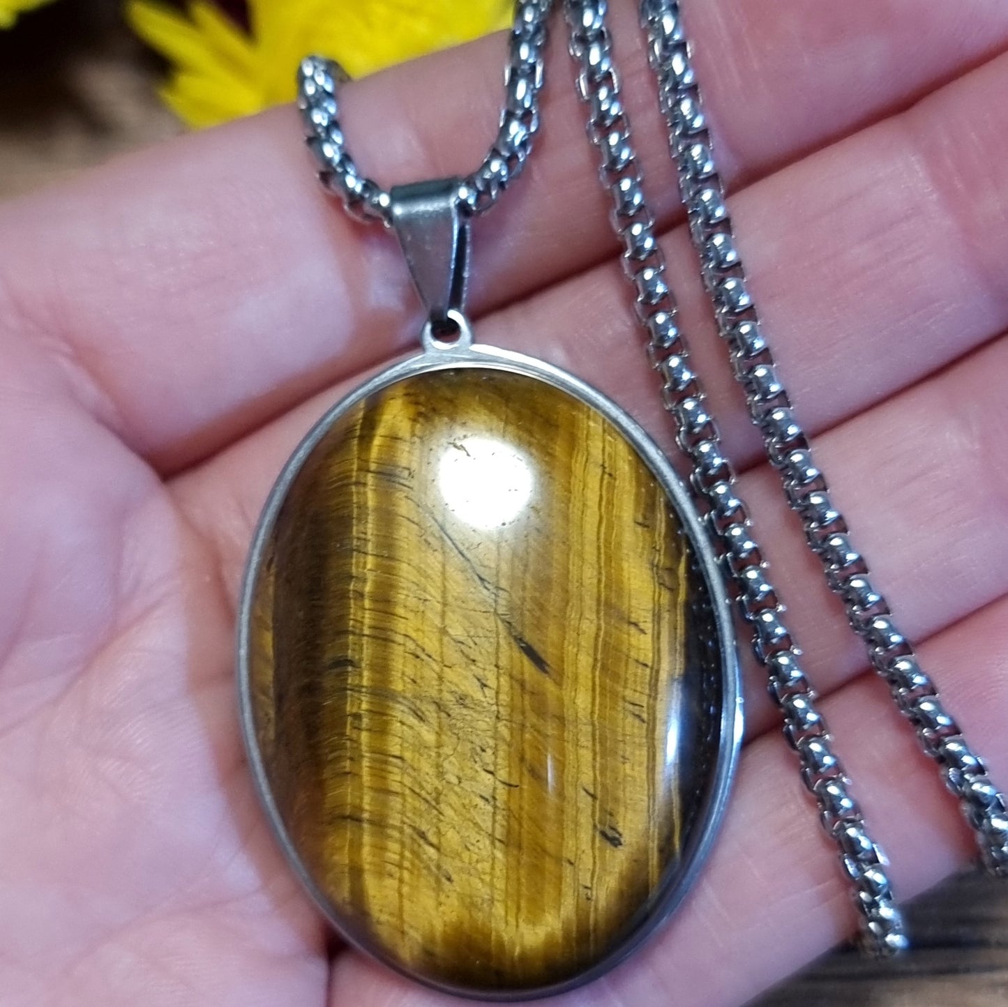 Collar Acero Quirúrgico Ovalado Piedra Ojo de Tigre XL #1