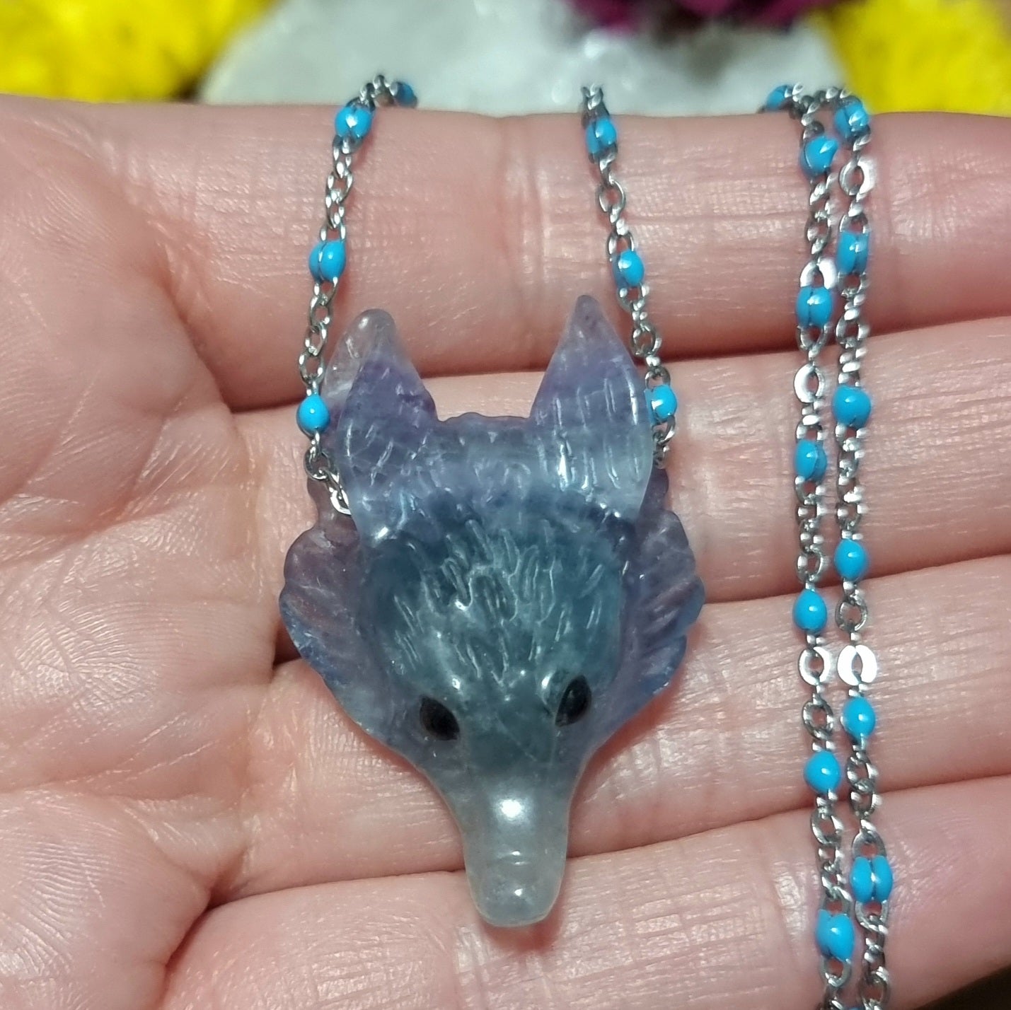 Collar Acero Quirúrgico Lobo Piedra Fluorita #1